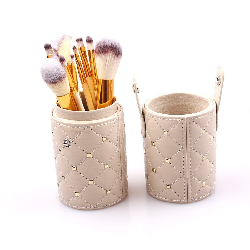 12-Piece Makeup Brush Set with Storage Barrel – Two-Tone Fibre, Wooden Handle