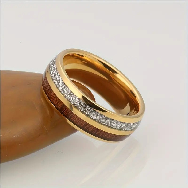 Rosewood Inlay Stainless Steel Ring | Antique Gold Unisex Band Ring