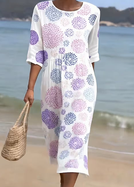 Women's Casual Round Neck Mid Sleeve Printed Dress | Purple
