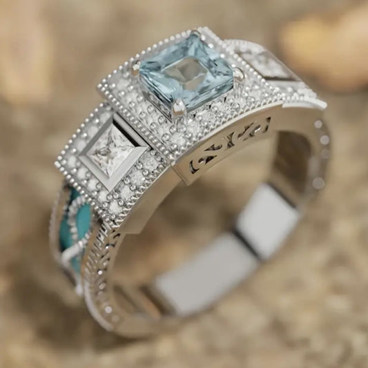 Aquamarine Zircon Oil-Drop Ring | Floral Alloy Ring for Women
