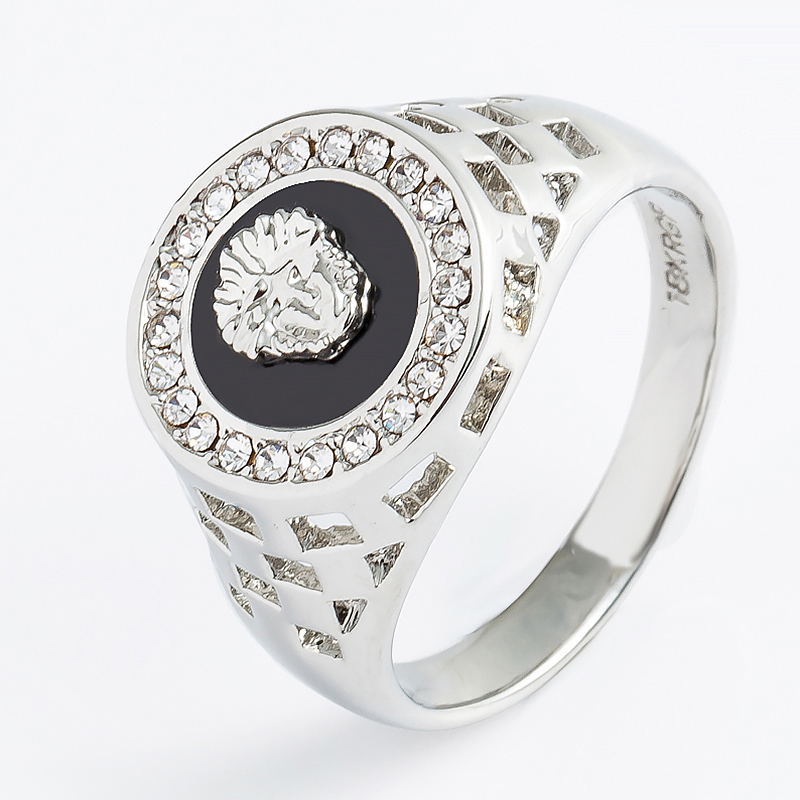 Men's Lion Head Ring – Czech Diamond Inlay 24K Gold & White Gold Enamel Band