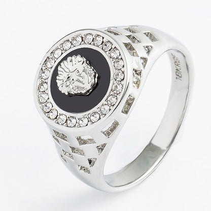 Men's Lion Head Ring – Czech Diamond Inlay 24K Gold & White Gold Enamel Band