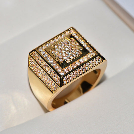Men's Copper AAA Zircon Square Ring – Micro Pavé Geometric Gold & Silver Band