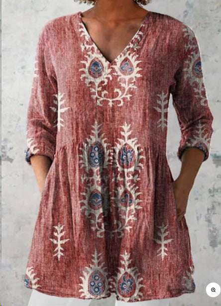 Women's 3D Printed V-Neck Dress | European-Style Regular Sleeve Polyester Dress