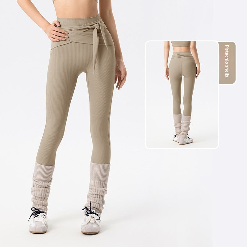 Women's Ribbed Cross-Tie Yoga Pants - High Waist Butt-Lifting