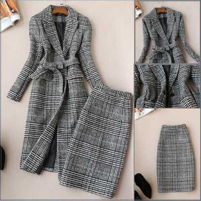 Plaid coat and skirt set on a neutral background