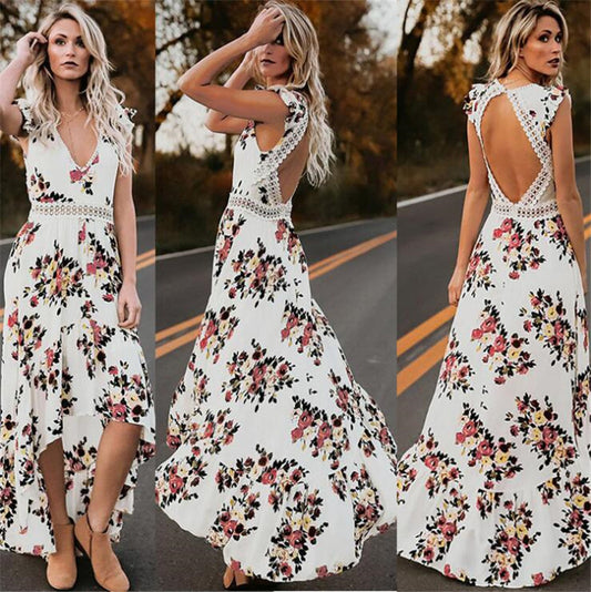 Women's Sleeveless Halter-Neck Printed Ruffle Maxi Dress | High-Waist Cotton Pullover Dress