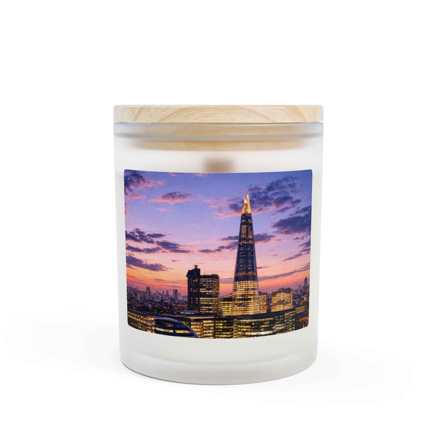 London Skyline Frosted Glass Candle – 11oz Scented Shard at Sunset