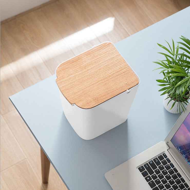 Press-Top Storage Bin with Wooden Lid – 6L PP Waste Bin for Kitchen & Bathroom