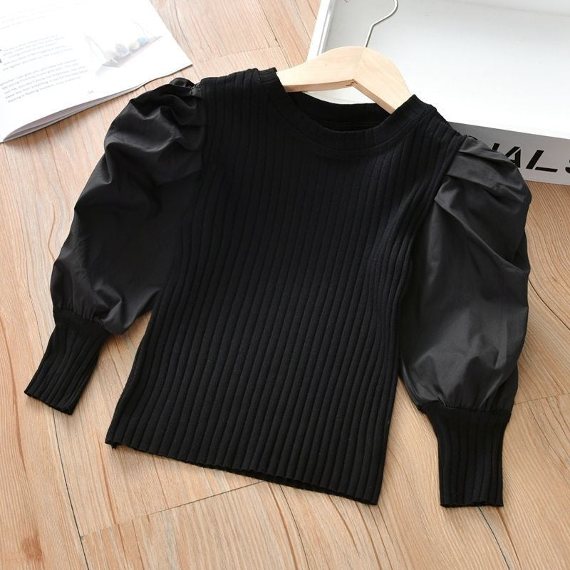 Girls Cotton Puff Sleeve Long Sleeve Top | White & Black, 90–140cm