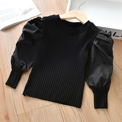 Girls Cotton Puff Sleeve Long Sleeve Top | White & Black, 90–140cm