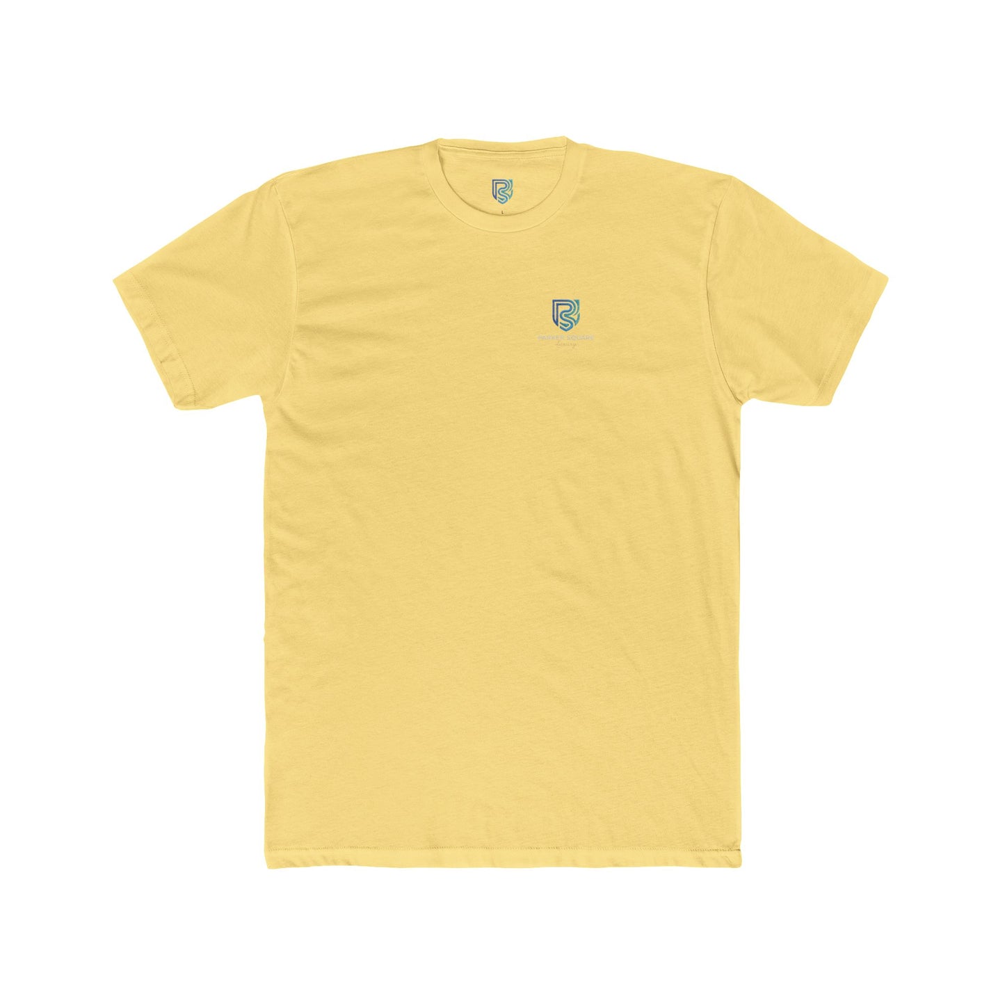 Yellow t-shirt with a small logo on a white background