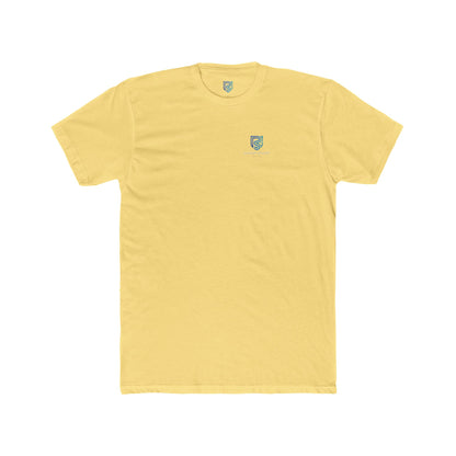Yellow t-shirt with a small logo on a white background