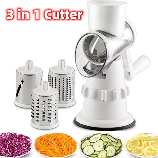 3-in-1 Drum Vegetable Slicer — Manual Spiralizer, Grater & Shredder with Suction Base