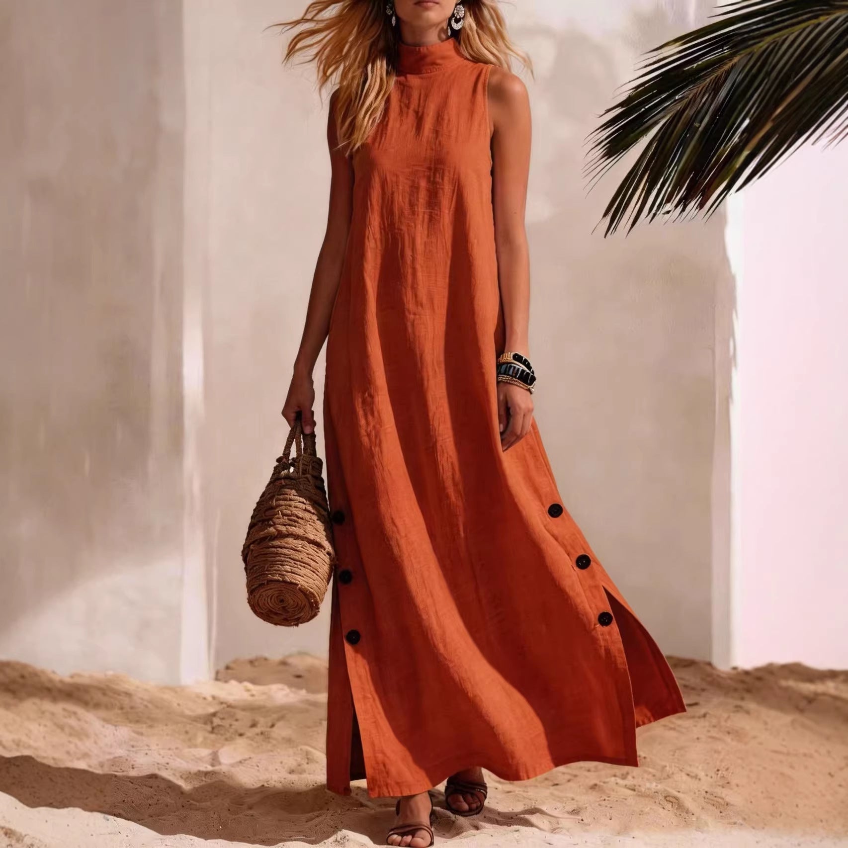 Women's Sleeveless Cotton Linen Midi Dress with Side Slits