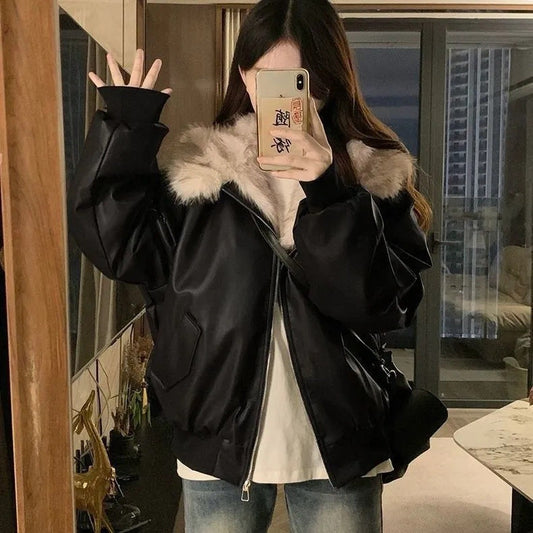 Women's Faux Leather Fur Collar Jacket – Slim Fit Short Coat