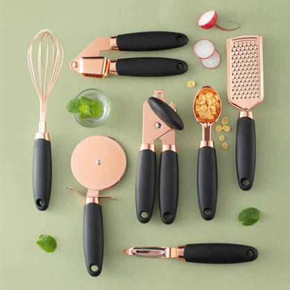 7-Piece Stainless Steel Kitchen Tool Set – Rose Gold Finish Cooking Utensils with Rack
