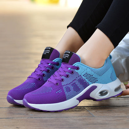 Women's Flyknit Mesh Casual Trainers - Breathable Lace-Up Flat Sports Shoes