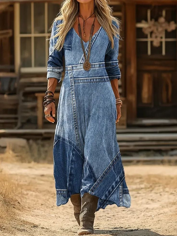 Women's 3D Print V-Neck Long Sleeve A-Line Dress