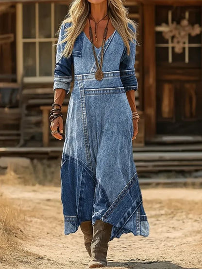 Women's 3D Print V-Neck Long Sleeve A-Line Dress
