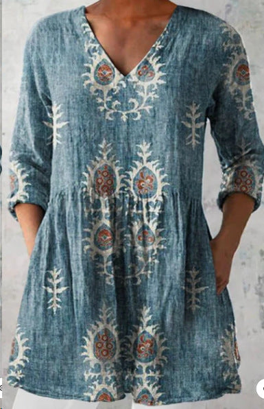 Women's 3D Printed V-Neck Dress | European-Style Regular Sleeve Polyester Dress
