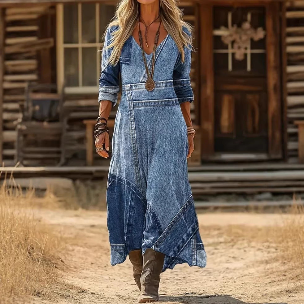 Women's 3D Print V-Neck Long Sleeve A-Line Dress
