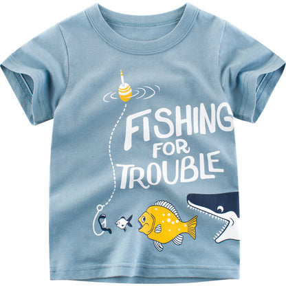 Children's Short Sleeve Cartoon Print T-Shirt Blue | Ages 2-9