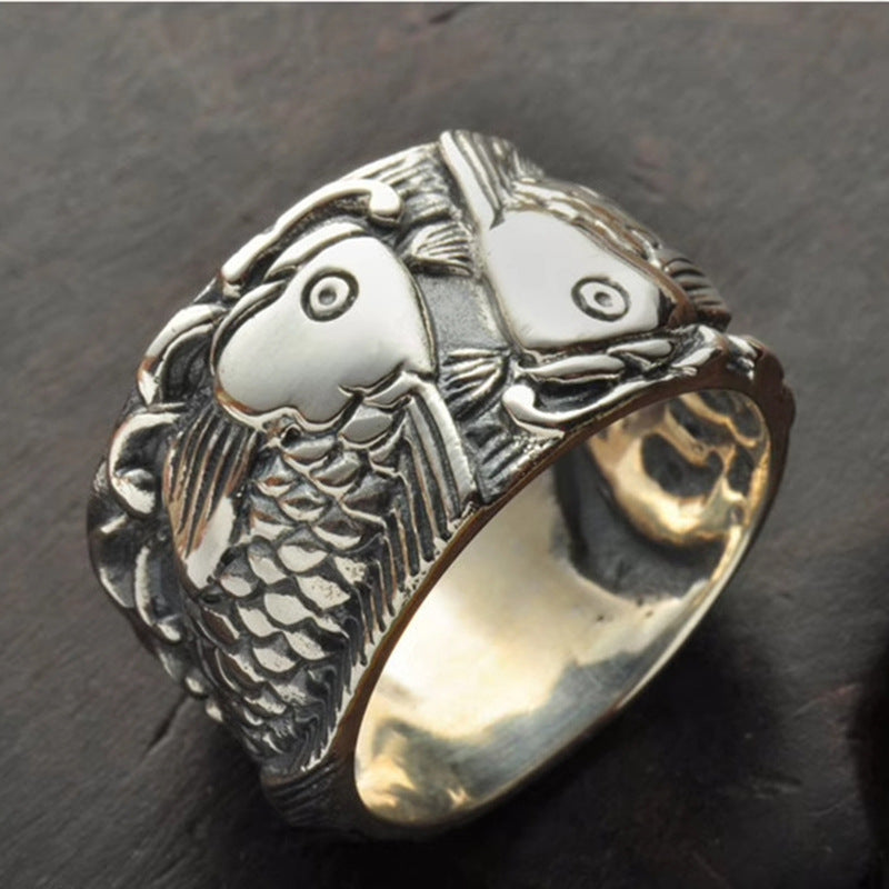 Men's Copper Pisces Carp Ring – Adjustable Index Finger Zodiac Band