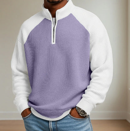 Men's Waffle Knit Long Sleeve Polo Shirt – Colour Block | 6 Colours | Sizes S–5XL