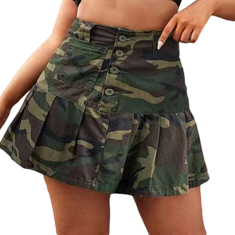 Women's Camouflage Pleated Midi Skirt with Pockets
