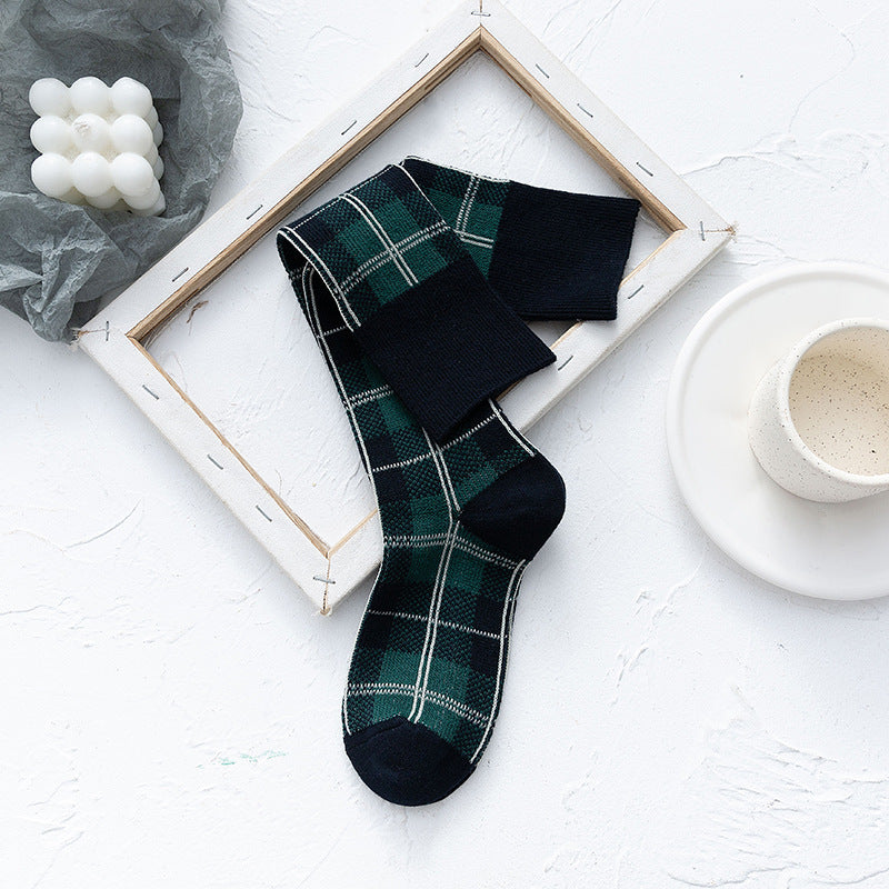 Women's Cotton Plaid Check Knee-High Socks – Korean Style Calf Socks