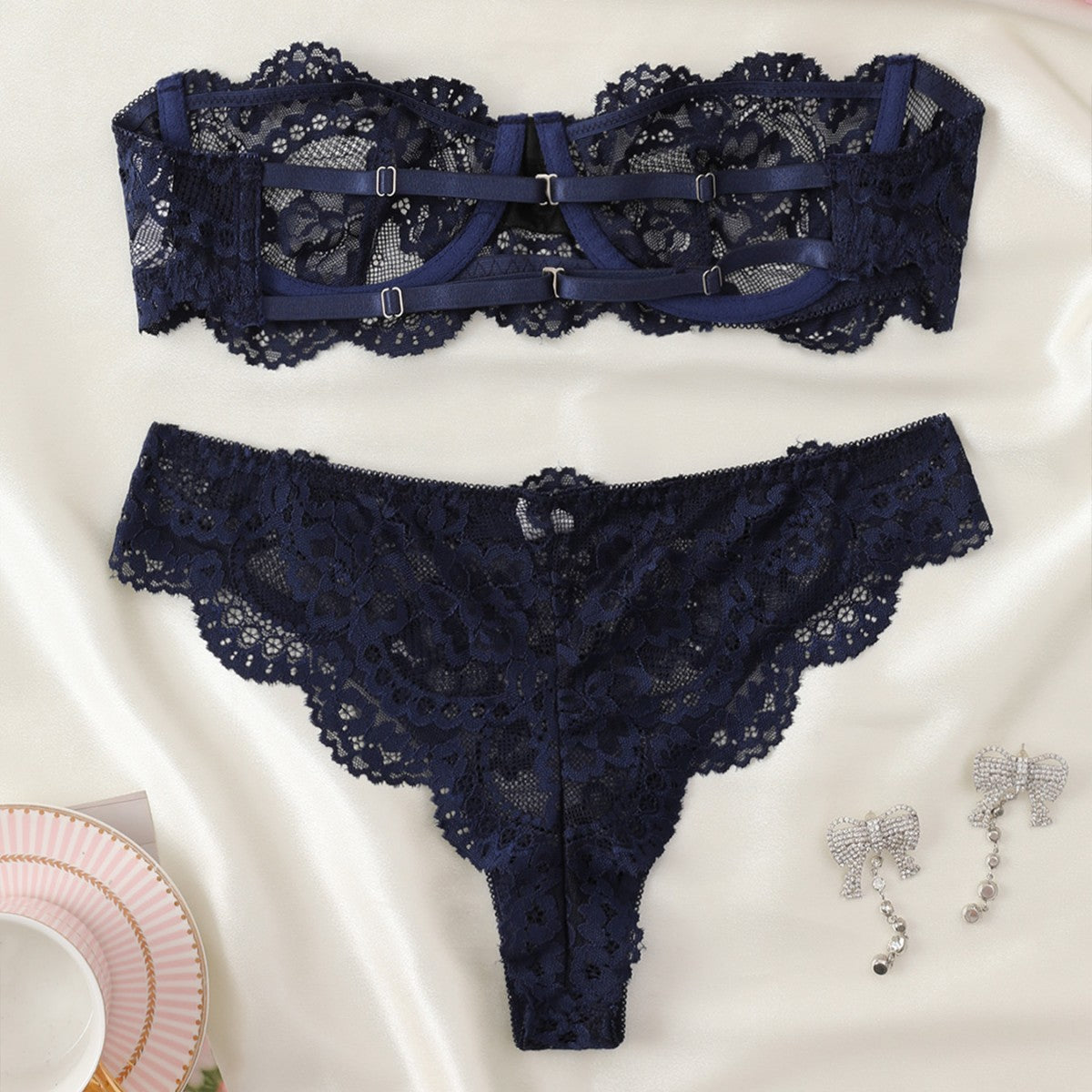 Women's Lace Floral Lingerie Set in Navy Blue | Bra & Knicker Set