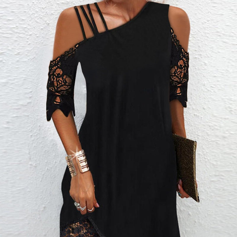 Women's Lace-Spliced One-Shoulder Midi Dress