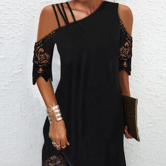 Women's Lace-Spliced One-Shoulder Midi Dress