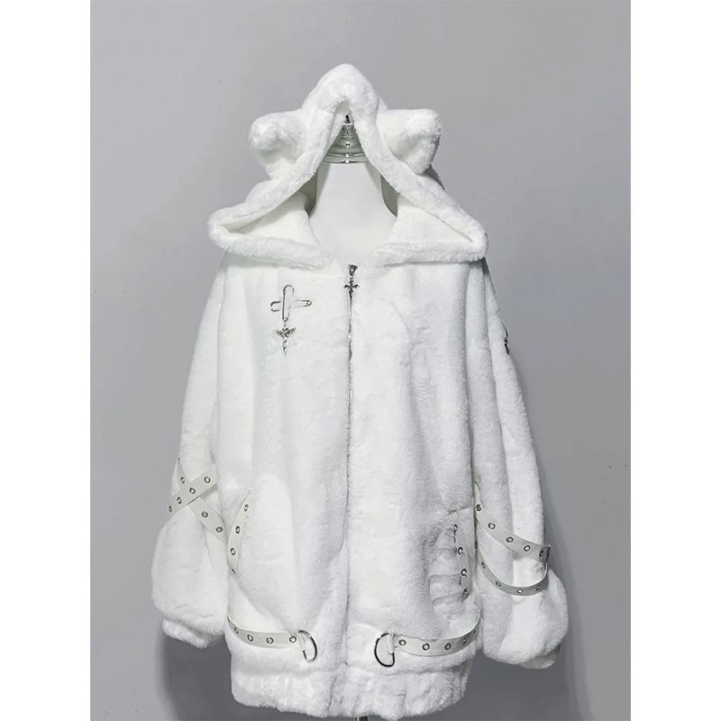 Women's Cat-Ear Mid-Length Coat - Long Sleeve Polyester Outerwear Black White