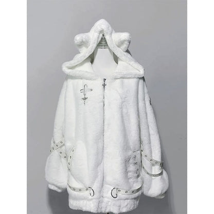 Women's Cat-Ear Mid-Length Coat - Long Sleeve Polyester Outerwear Black White