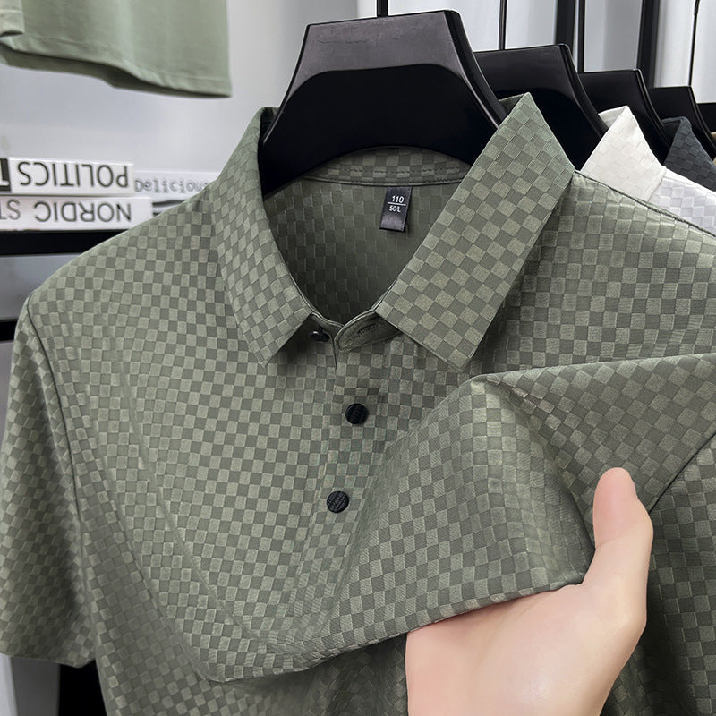 Men's Jacquard Plaid Ice Silk T-Shirt | Lapel Collar | M–4XL