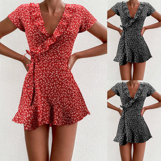 Women's V-Neck Ruffled Lace A-Line Mini Dress | Short-Sleeve Slim-Fit Cotton Blend Dress