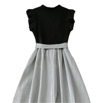 Women's V-Neck High-Waist Patchwork Sleeveless Dress — Black & White