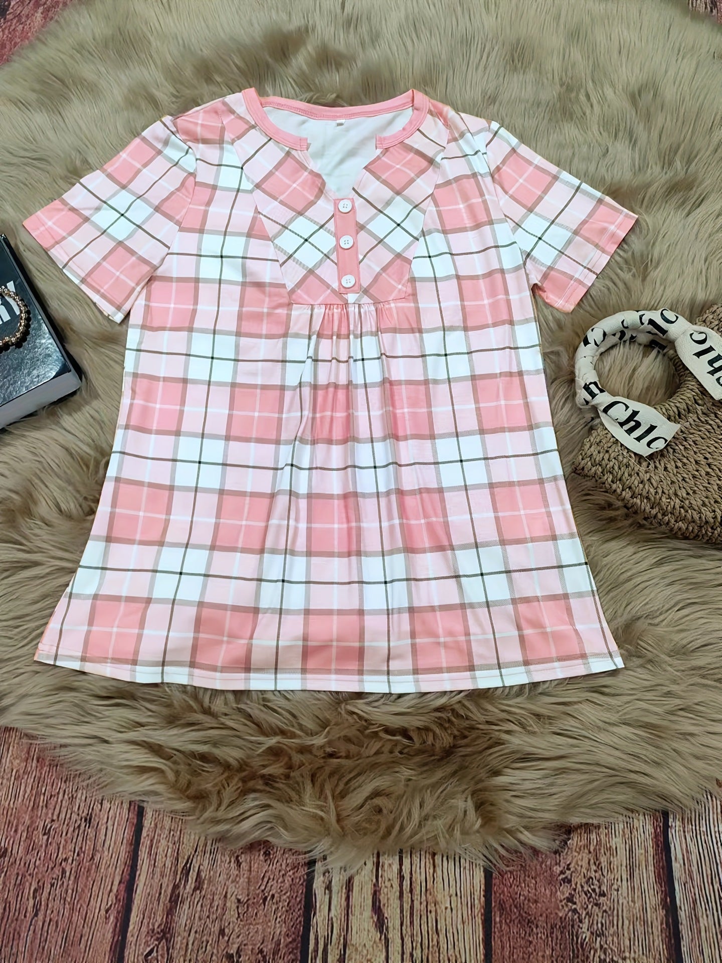 Women's V-Neck Contrast Patchwork Blouse – Pink & Grey | Sizes S–XXL