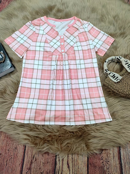 Women's V-Neck Contrast Patchwork Blouse – Pink & Grey | Sizes S–XXL