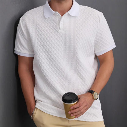 Men's Jacquard Polo Shirt – Short Sleeve Casual Top | White | Sizes S–2XL