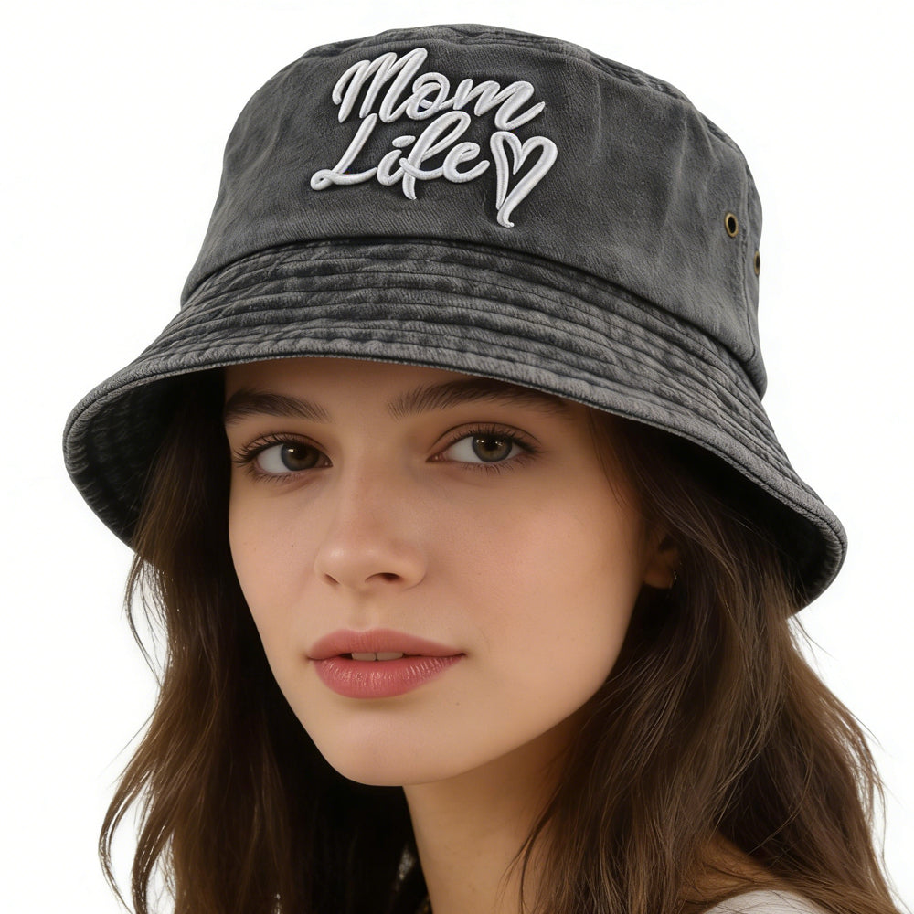 Mom Life Embroidered Bucket Hat | Washed Cotton Fisherman Hat for Women