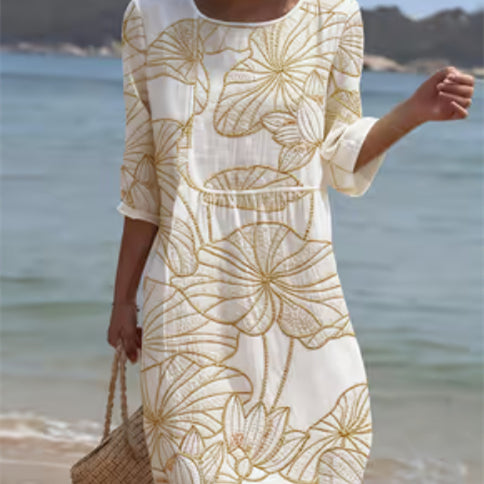 Women's Casual Floral Print Round Neck Dress | Beige