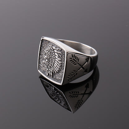 Men's Titanium Steel Indian Totem Ring – Polished Vintage Retro Geometric Band