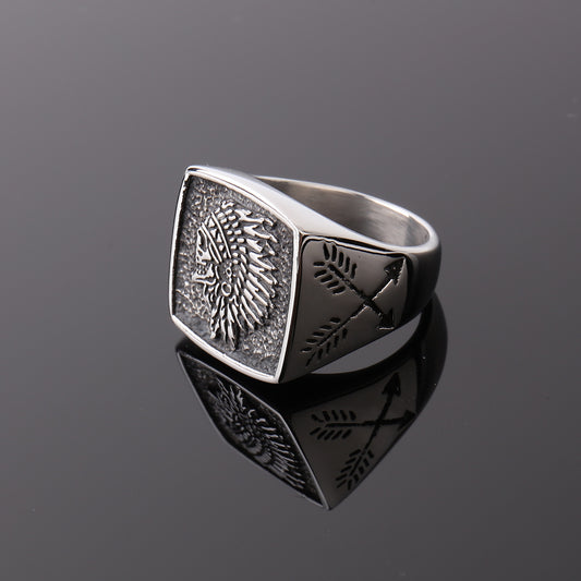 Men's Titanium Steel Indian Totem Ring – Polished Vintage Retro Geometric Band