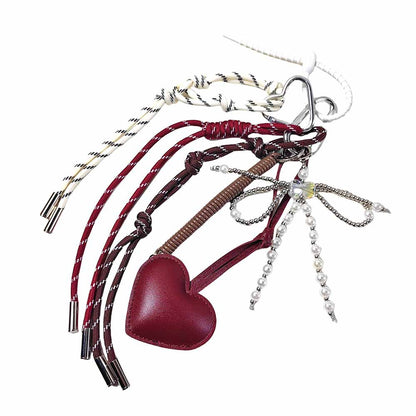 Leather Heart & Pearl Bow Keychain | Wine Red