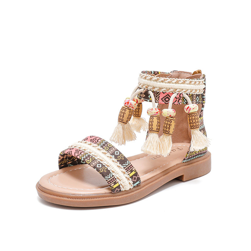 Girls' Retro Beaded Roman Sandals – Ethnic Style Kids Sandals