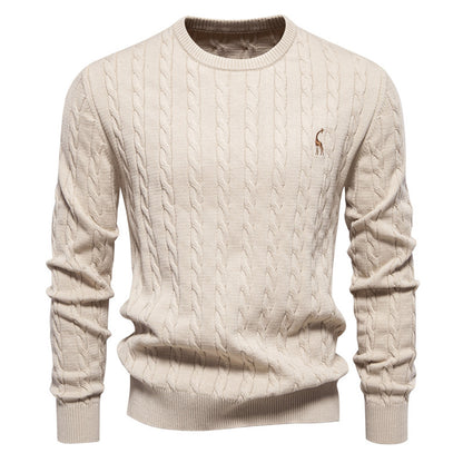 Men's Deer Embroidered Cotton Pullover Sweater | Autumn Casual Knitwear