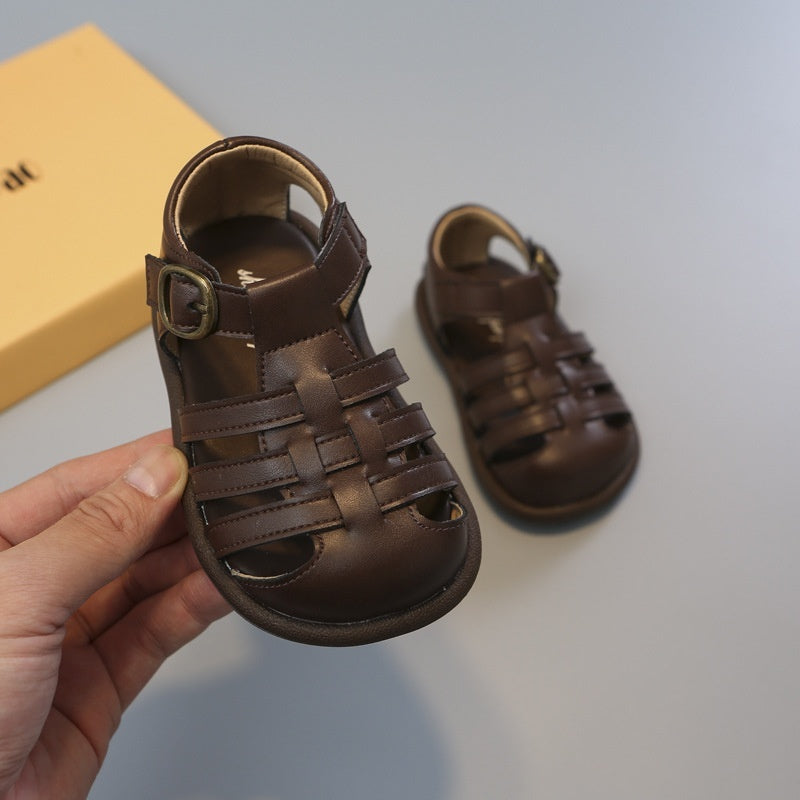 Girls' Woven Roman Shoes – PU Leather Velcro Toddler Flats